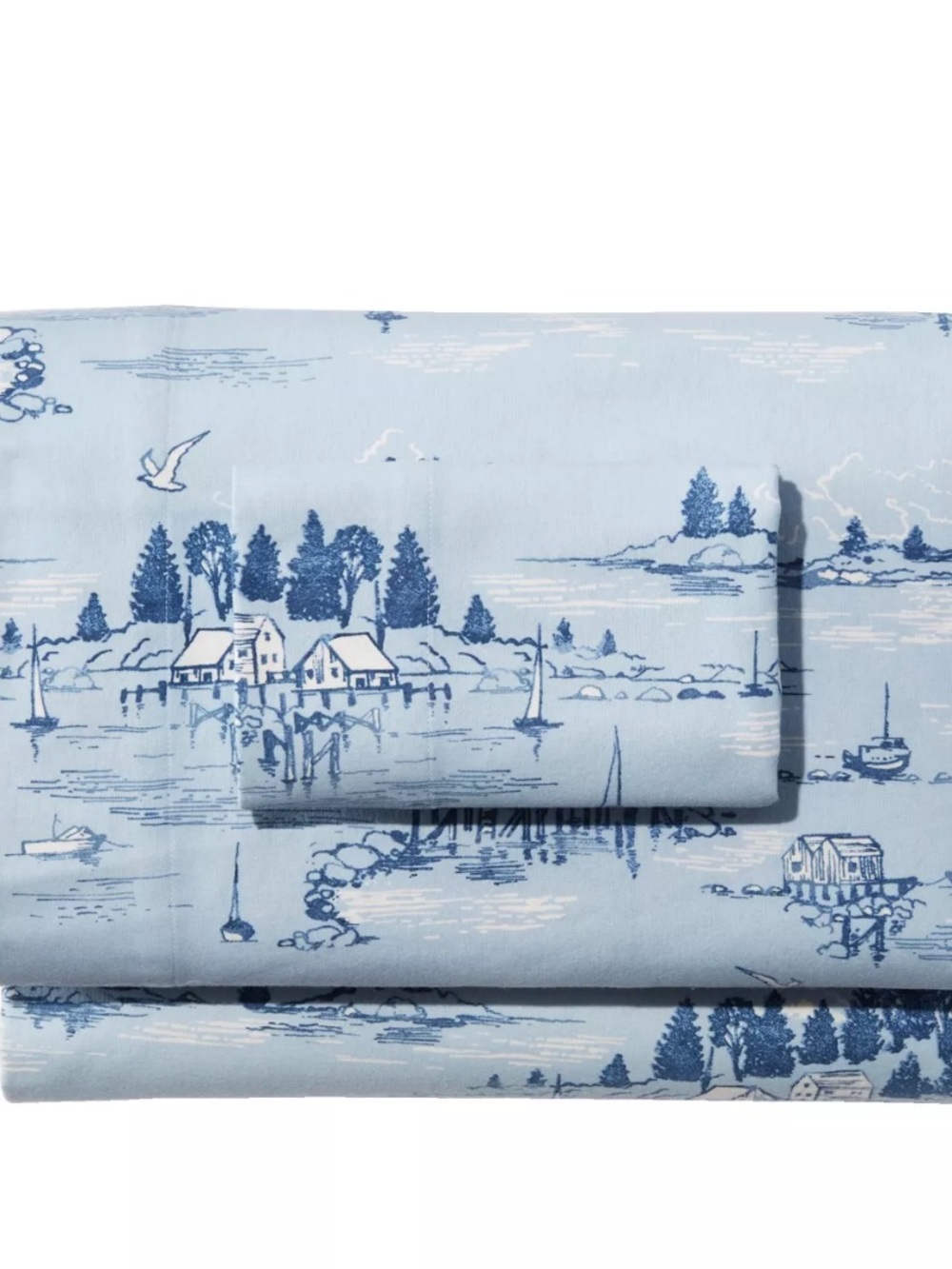 LL Bean Soft Flannel Coastal Landscape Queen Set Blue Nautical New